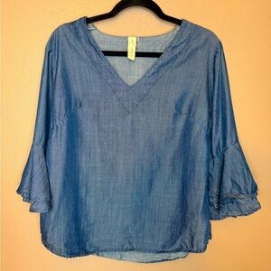 Allison Joy Denim Blue Chambray Blouse w/ Ruffle Flared Bell Sleeves Size Med.